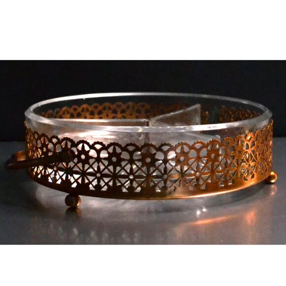 Vintage Copper And Divided Glass Serving Dish With Handle Dining Serveware - Picture 1 of 4